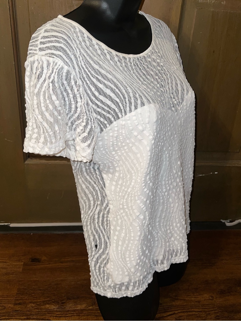 Vintage White Lace Sheer Mesh Textured Blouse Sweetheart Short Sleeve Size S - Picture 4 of 9